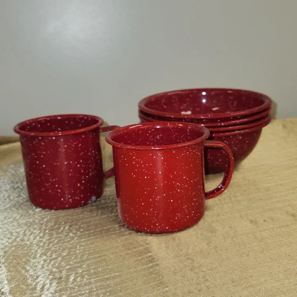 Red Enamel Ware Speckeled Metal Bowls and Cups